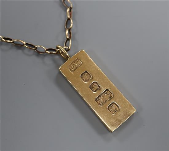 A 9ct gold ingot pendant on 9ct chain.